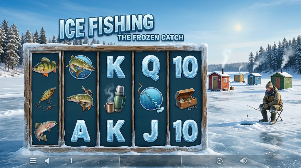 Escena ártica ilustrada con temática de pesca en hielo asociada a Ice Fishing